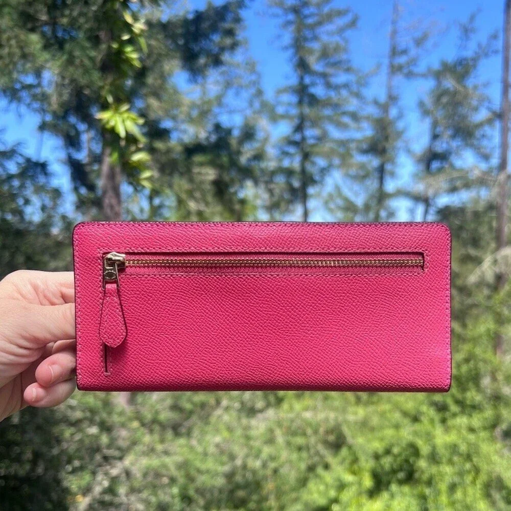 COACH Slim Bifold Wallet PINK Crossgrain Leather with Gold Hardware AUTHENTIC